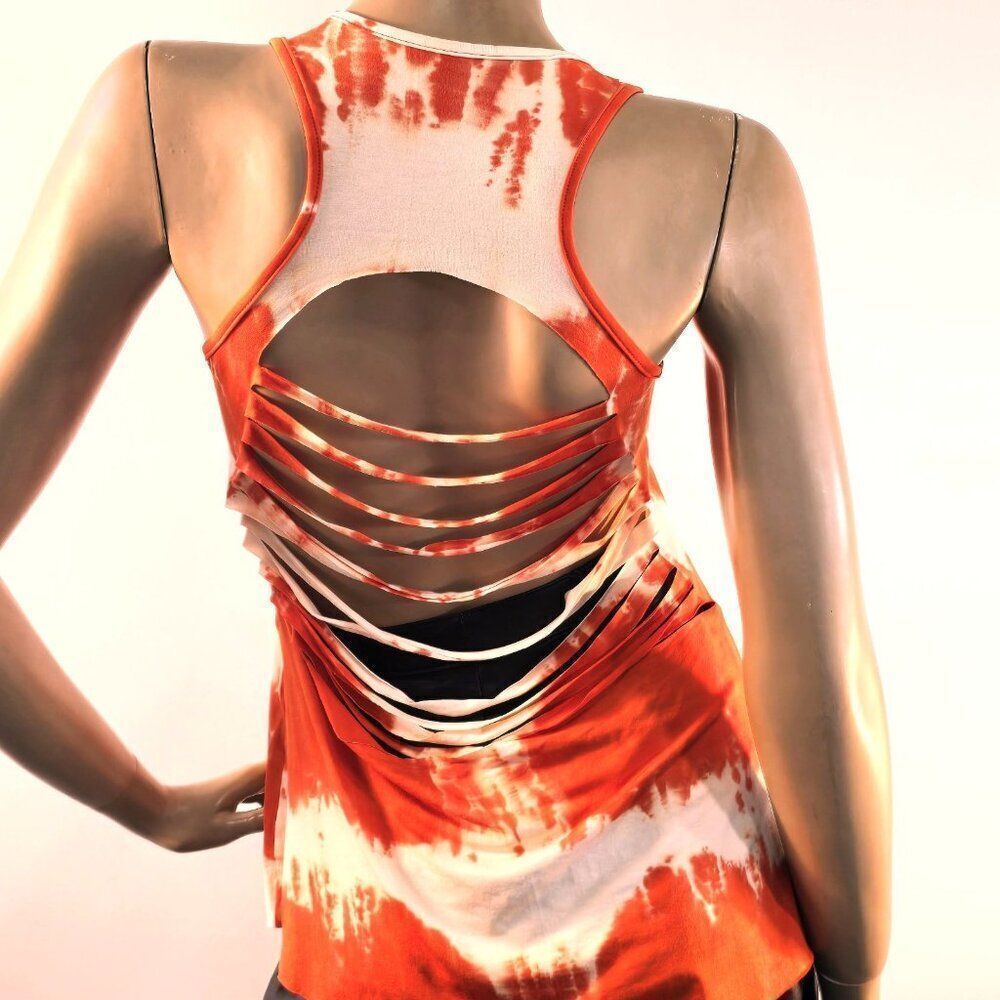 Shape Up Fitness Wear Tie Dye Orange Red Shark-Bite Back Tank Top Womens Sz M/L - Picture 6 of 8